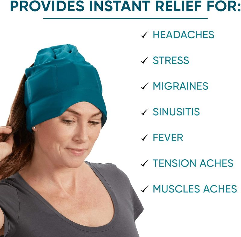 Photo 3 of Aculief Headache, Migraine, & Stress Relief Hat - Natural Ice Mask for Tension & Muscle Pain – Supports Relaxation, Soreness, Sinus Alleviation, Chemo - Stretchy, Comfortable, & Cool Wearable – Teal
