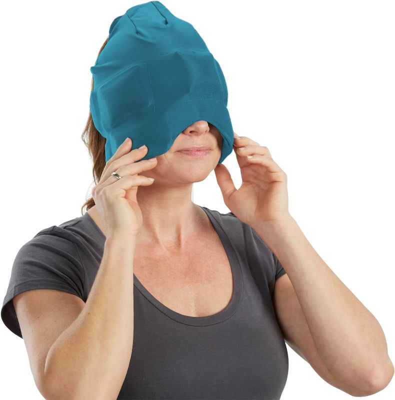 Photo 1 of Aculief Headache, Migraine, & Stress Relief Hat - Natural Ice Mask for Tension & Muscle Pain – Supports Relaxation, Soreness, Sinus Alleviation, Chemo - Stretchy, Comfortable, & Cool Wearable – Teal
