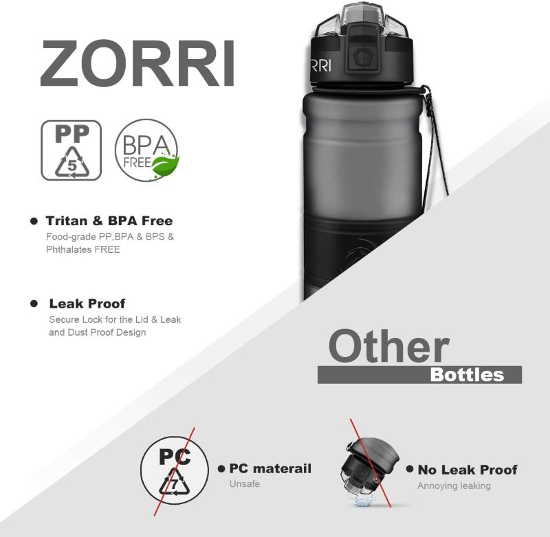Photo 2 of ZORRI Sports Water Bottle, 400/500/700ml/1L, BPA Free Leak Proof Tritan Lightweight Bottles for Outdoors,Camping,Cycling,Fitness,Gym,Yoga- Kids/Adults Drink Bottles with Filter, Lockable Pop Open Lid
