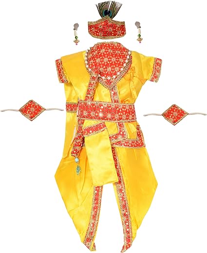 Photo 1 of AHHAAAA Yellow Krishna Dress Costume Wear Angrekha Kurta and Dhoti with Accessories for Boys
