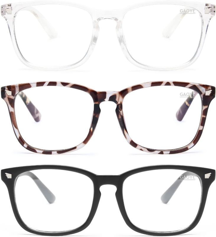 Photo 1 of Gaoye Blue Light Blocking Glasses - 3 Pack Fashion Square Fake Eyeglasses, Anti UV Ray Computer Gaming Glasses, Blue Blockers Glasses for Women/Men, Matte Black+Leopard+Transparent
