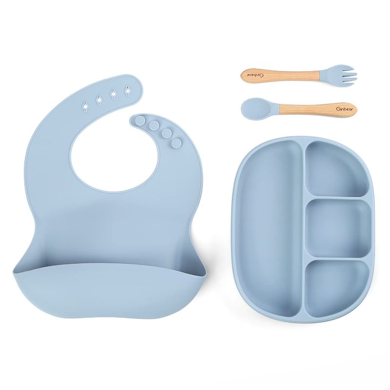 Photo 1 of Ginbear Baby Plates with Suction, Silicone Bibs, Baby Led Weaning Utensils, Toddler Eating Set for Boy (Dusty Blue)
