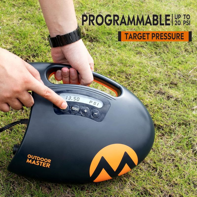 Photo 2 of OutdoorMaster 20PSI High Pressure SUP Air Pump The Shark - Intelligent Dual Stage Inflation & Auto-Off Feature, Deflation Function, 12V DC Car Connector, for Inflatable Stand Up Paddle Boards, Boats
