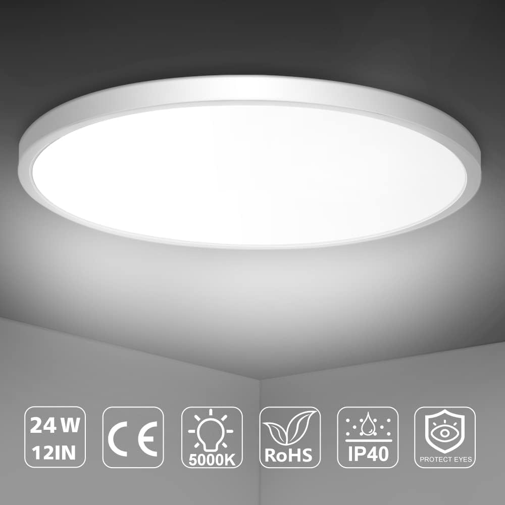 Photo 2 of LED Flush Mount Ceiling Light Fixture, 5000K Daylight White 24W(240W Equivalent) 12 Inch Flat Modern Ceiling Lighting, 3200LM Ceiling Lamp for Bathroom Porch, Kitchen, Bedroom, Living Room, Hallway
