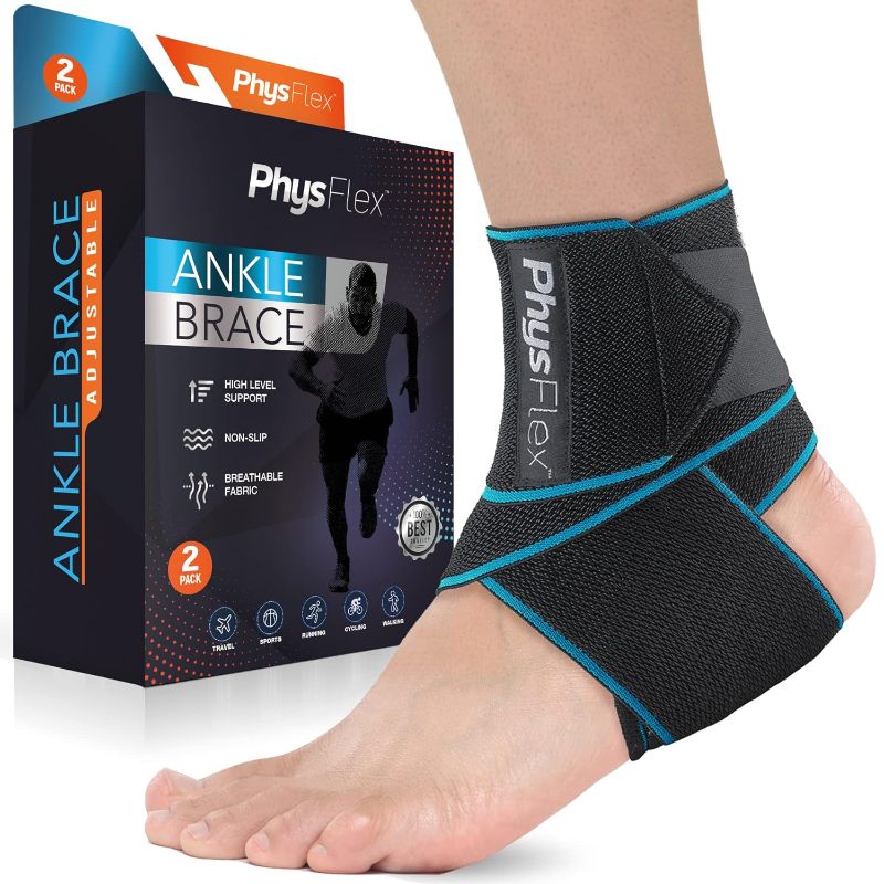 Photo 1 of PhysFlex Ankle Brace - Compression Sleeve with Adjustable Strap & Comfy Ankle Support Perfect for Sprained Ankle, Achilles Tendon, Plantar Fasciitis & Sports - Ideal for Men & Women (Blue)
