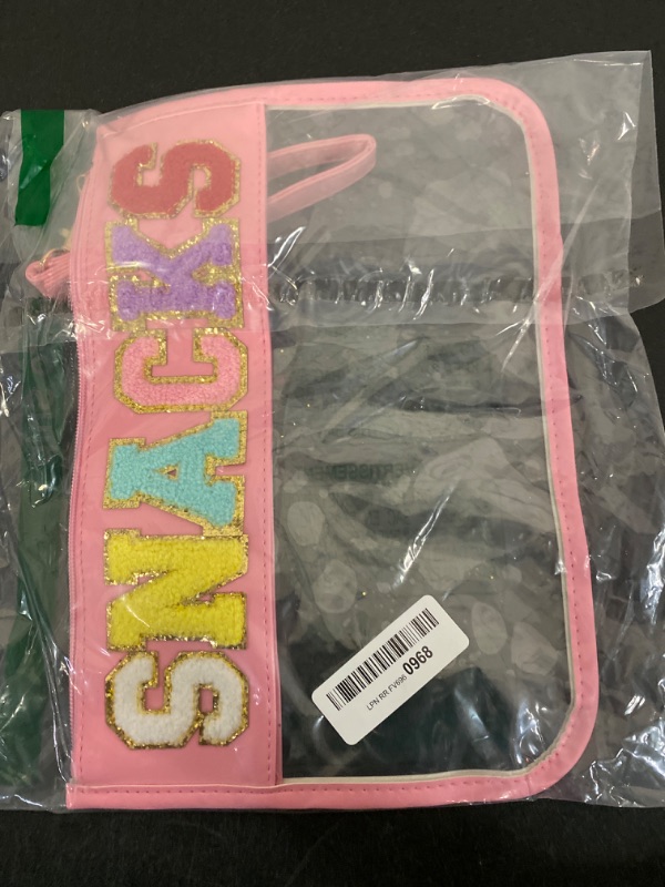 Photo 1 of YogoRun Chenille Letter Snacks Pouch Clear Makeup Pouch Bag Travel Snacks Zipper Pouch Bag for Women (HotPink-Snacks)
