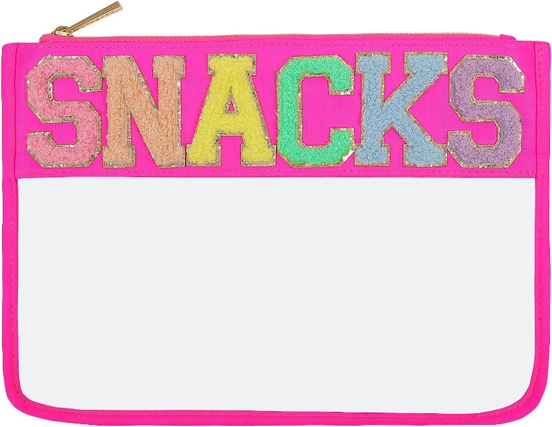 Photo 1 of YogoRun Chenille Letter Snacks Pouch Clear Makeup Pouch Bag Travel Snacks Zipper Pouch Bag for Women (HotPink-Snacks)
