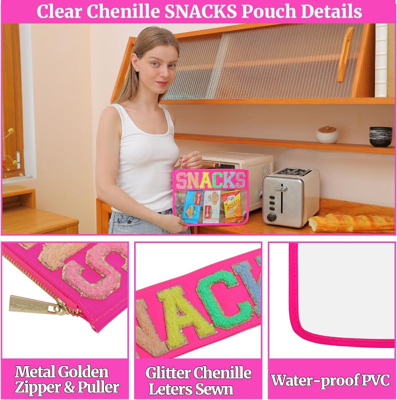 Photo 3 of YogoRun Chenille Letter Snacks Pouch Clear Makeup Pouch Bag Travel Snacks Zipper Pouch Bag for Women (HotPink-Snacks)
