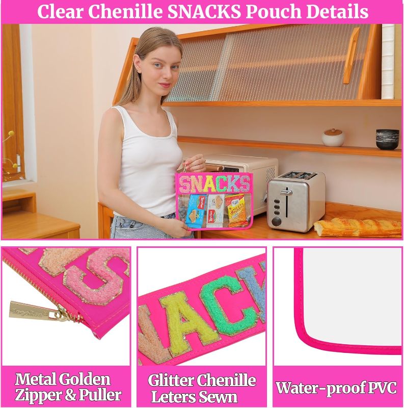 Photo 1 of YogoRun Chenille Letter Snacks Pouch Clear Makeup Pouch Bag Travel Snacks Zipper Pouch Bag for Women (HotPink-Snacks)
