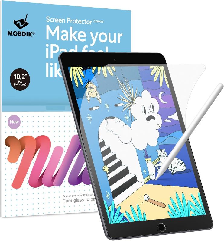 Photo 1 of MOBDIK [2 Pack Paperfeel Screen Protector Compatible with iPad 9/8/7 (10.2-Inch, 2021/2020/2019, 9th/8th/7th Generation), Write, Draw and Sketch Like on Paper Anti Glare with Easy Installation Kit

