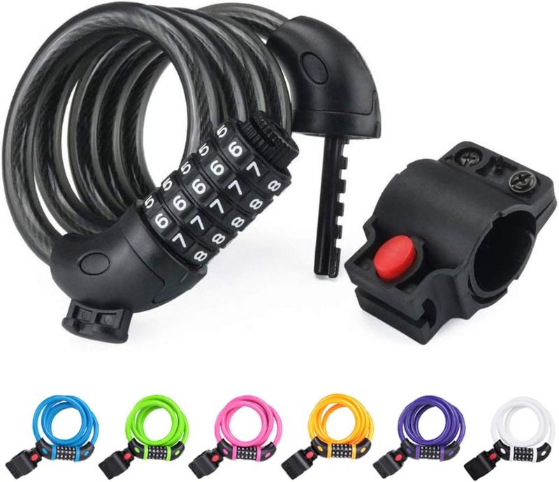 Photo 1 of NDakter Bike Lock, 4 Feet Bike Locks Cable, High Security 5 Digit Resettable Combination Coiling Bicycle Lock, Heavy Duty Anti Theft Cable Locks with Mounting Bracket, 1/2 Inch Diameter
