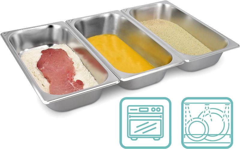 Photo 1 of Navaris Breading Trays Set - 3 Stainless Steel Pans for Preparing Bread Crumb Dishes, Panko, Schnitzel, Breadcrumb Coating Fish and Marinating Meat
