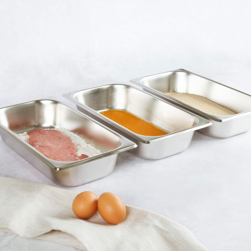 Photo 2 of Navaris Breading Trays Set - 3 Stainless Steel Pans for Preparing Bread Crumb Dishes, Panko, Schnitzel, Breadcrumb Coating Fish and Marinating Meat
