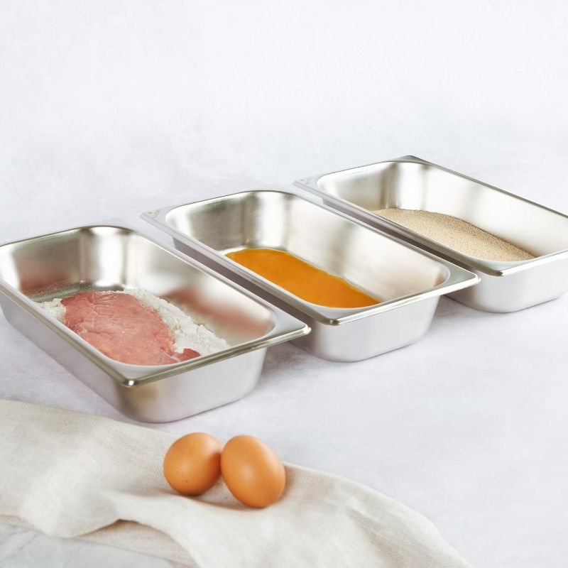 Photo 1 of Navaris Breading Trays Set - 3 Stainless Steel Pans for Preparing Bread Crumb Dishes, Panko, Schnitzel, Breadcrumb Coating Fish and Marinating Meat
