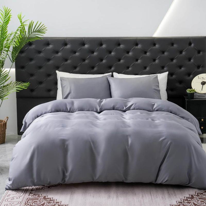 Photo 1 of Duvet Cover Queen-Rayon Derived from Bamboo Comforter Cover -Cooling for Hot Sleepers-Moisture Wicking with Corner Ties-Zipper Closure?Queen?Grey?
