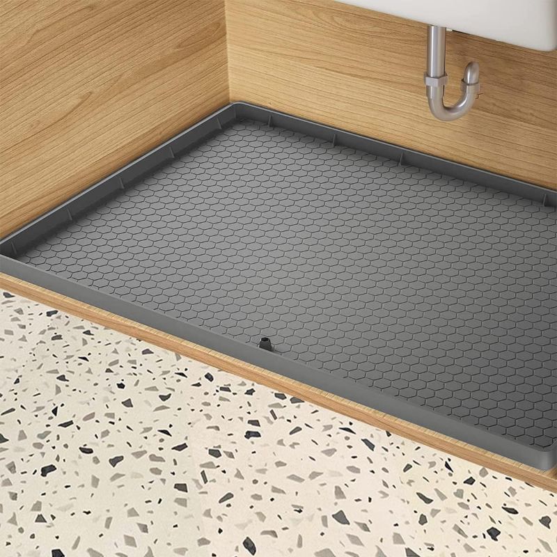 Photo 1 of Spill Agent Under Sink Mat, 34’’ x 22’’under sink mats for kitchen Waterproof Silicone Sink Cabinet Protector Mat with Drain Hole,Flexible Sink Drip Tray,Free Cleaning Brush,for Kitchen,Bathroom,Grey,
