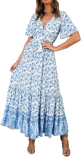 Photo 1 of R.Vivimos - LARGE Womens Summer Cotton Short Sleeve V Neck Floral Print Casual Bohemian Midi Dresses
