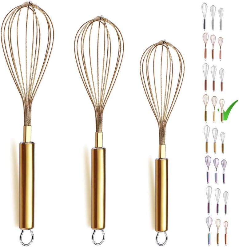 Photo 1 of Berglander Gold Whisk Pack of 3 Stainless Steel 8",10",12", Titianium Plating Gold Whisks for Cooking, Beater,Wire Whisk Set Kitchen Wisk (Gold)
