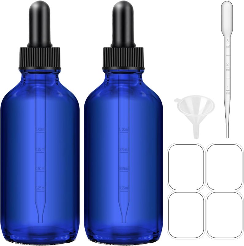 Photo 1 of Bumobum Dropper Bottles, 4oz Blue Bottle with Dropper for Essential Oils with Funnel, Labels & Pipette, 3-Pack Tincture Bottles with Dropper(Unbreakable Plastic Eye Dropper)
