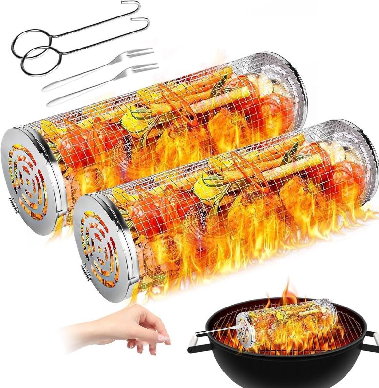 Photo 1 of 1 Pack Rolling Grilling Basket for Outdoor Round BBQ Stainless Steel Iron Silver