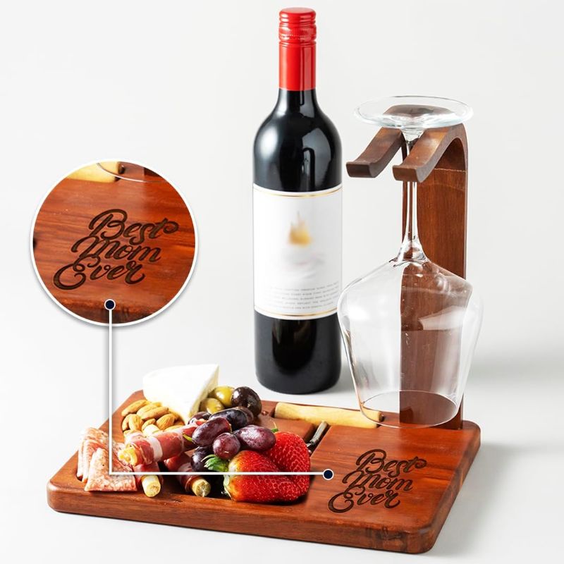 Photo 1 of CUTLINX Wineboard Gift for Mom - Wine Rack Countertop of Acacia Wood with Corkscrew and Glass Holder - Premium Custom Laser Engraved for Mom - Unique Gift Ideas for Mom's Birthday