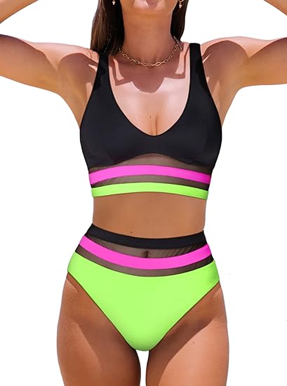 Photo 1 of XL Hilinker Women's V Neck Mesh Bikini Set Color Block Swimsuit 2 Piece Bathing Suit