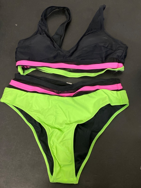Photo 2 of XL Hilinker Women's V Neck Mesh Bikini Set Color Block Swimsuit 2 Piece Bathing Suit