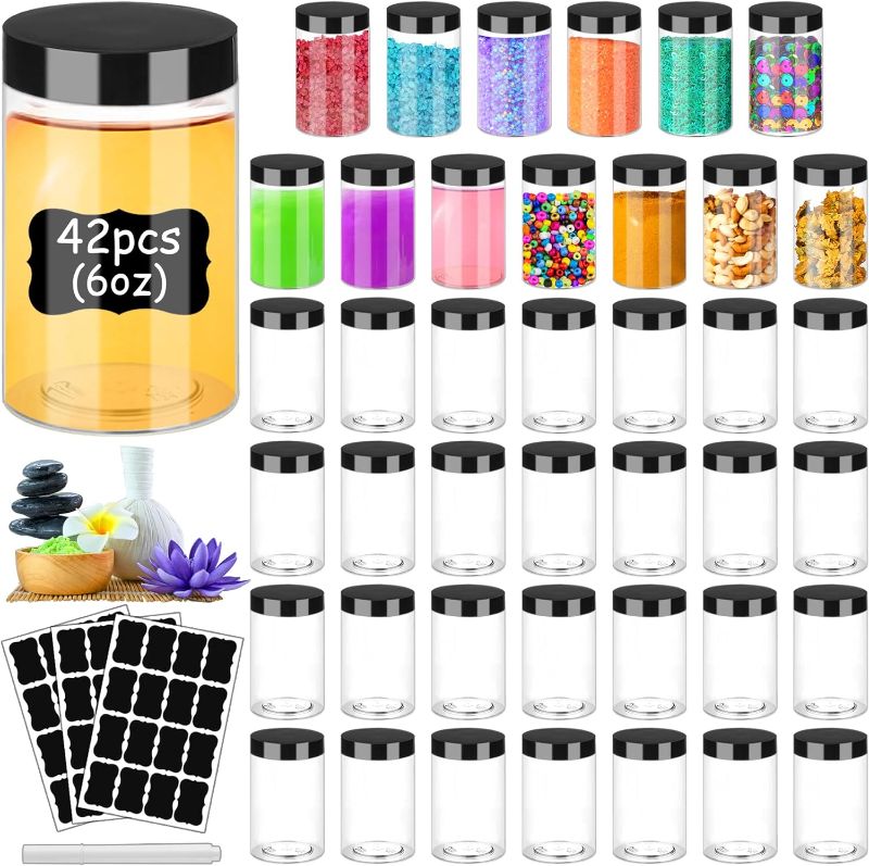 Photo 1 of Plastic Jars with Lids 6OZ 42PCS,Small Cosmetic Slime Containers Clear Travel Round Jars Empty Refillable Sample Containers Leak Proof Pot Jars with Black Lids for Lotion, Cream, Cosmetics, Body Scrub
