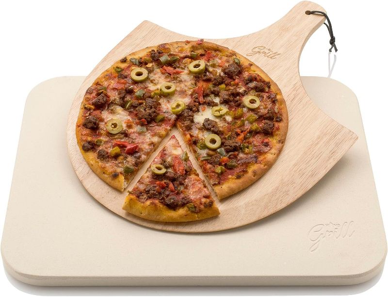 Photo 1 of HANS GRILL PIZZA STONE | Rectangular Pizza Stone For Oven Baking & BBQ Grilling With Free Wooden Peel | Extra Large 15 x 12" Inch Durable Cordierite Cooking Stone.