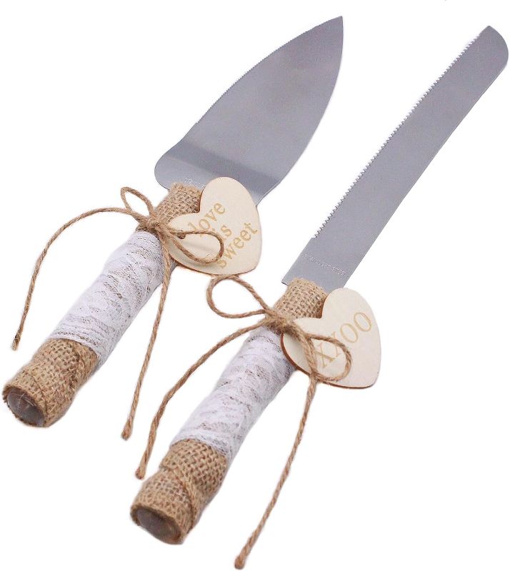 Photo 1 of SWTOOL Wedding Cake Knife and Server Set Rustic Style Stainless Steel Cake Cutter Set with Twine Lace and Wood Tag Gifts for Bride and Groom Wedding Anniversaries Parties