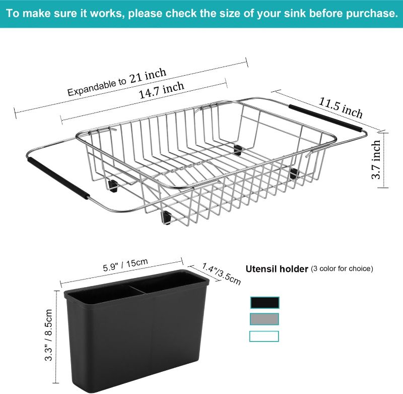 Photo 3 of iPEGTOP Expandable Dish Drying Rack, Over The Sink Dish Rack, in Sink Or On Counter Dish Drainer Basket Shelf with Black Utensil Holder Cutlery Tray, Rustproof Stainless Steel for Kitchen