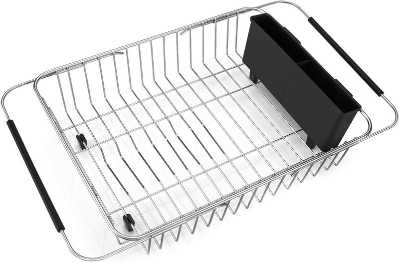 Photo 1 of iPEGTOP Expandable Dish Drying Rack, Over The Sink Dish Rack, in Sink Or On Counter Dish Drainer Basket Shelf with Black Utensil Holder Cutlery Tray, Rustproof Stainless Steel for Kitchen