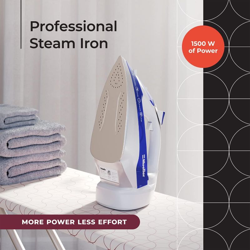 Photo 1 of Mueller Professional Grade Steam Iron, Retractable 8 Ft Cord for Easy Storage, Vertical Shot, 3 Way Auto Shut Off, Self Clean Blue