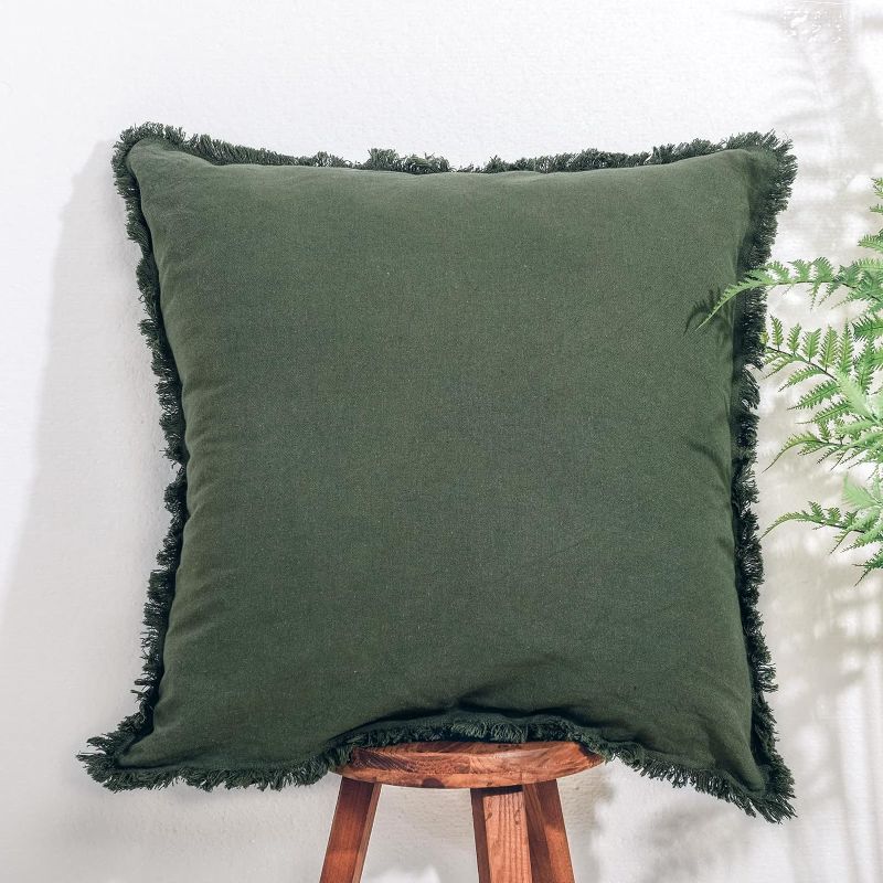 Photo 1 of 1 NEXHOME PRO Boho Throw Pillow Covers for Couch 18"x18", Handmade Decorative Linen Pillow Covers for Bed, Sofa, Living Room, Farmhouse Fringed Cushion Covers, Forest Green 