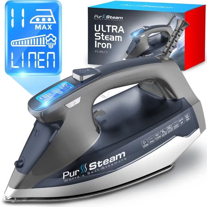 Photo 1 of PurSteam Professional Grade 1800-Watt Steam Iron with Digital LCD Screen, 3-Way Auto-Off, Double-Layer Ceramic Soleplate, Axial Aligned Steam Holes, Self-Clean with 11 Preset Steam & Temp Settings