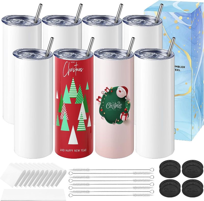 Photo 1 of Hiipoo 8 Pack Sublimation Tumblers bulk 20 oz Straight Skinny with Sublimation Papers, Lids and Straws, Shrink Wrap, Sublimation Tumbler Cups for Tumbler Heat Press and Heat Transfer