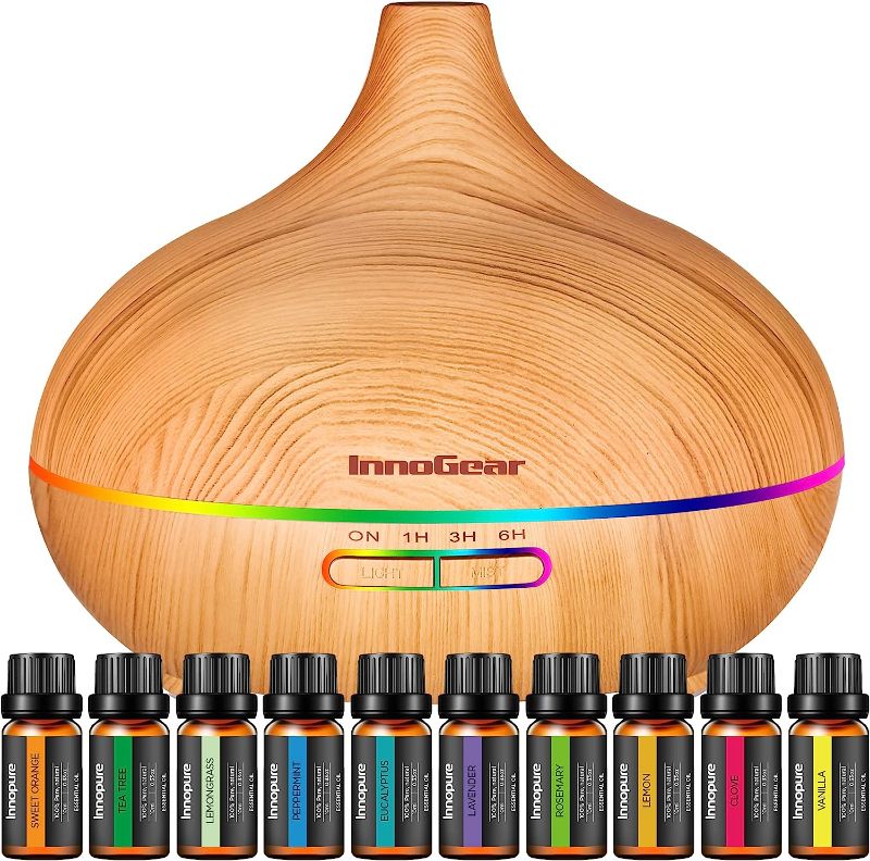 Photo 1 of InnoGear Aromatherapy Diffuser & 10 Essential Oils Set, 400ml Diffuser Ultrasonic Diffuser Cool Mist Humidifier with 4 Timers 7 Colors Light Waterless Auto Off for Large Room Office, Yellow Wood Grain