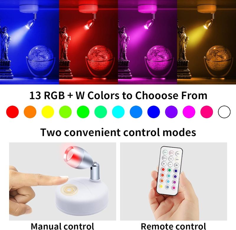Photo 2 of HFCDL Small Spotlight Battery Operated Spot Lights Indoor Uplighting Picture Mini Accent Light Wireless LED with Remote RGB + W Angle Adjustable w/Timer & Dimmer for Display Art Paintings