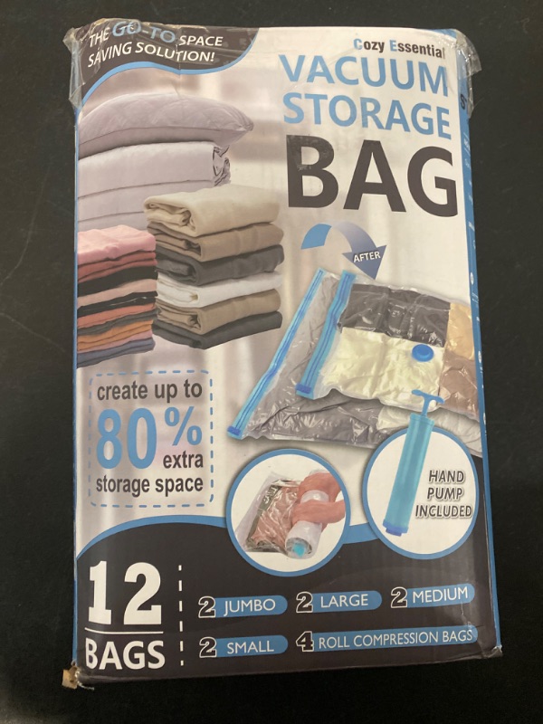 Photo 2 of 12 Pack Space Saver Bags (2 Jumbo/2 Large/2 Medium/2 Small/4 Roll) Compression Storage Bags for Comforters and Blankets, Vacuum Sealer Bags for Clothes Storage, Hand Pump Included