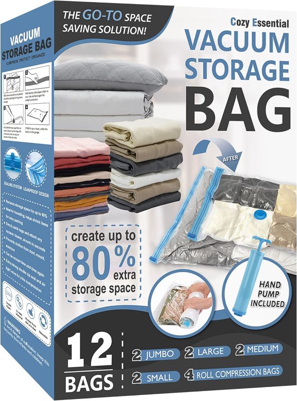 Photo 1 of 12 Pack Space Saver Bags (2 Jumbo/2 Large/2 Medium/2 Small/4 Roll) Compression Storage Bags for Comforters and Blankets, Vacuum Sealer Bags for Clothes Storage, Hand Pump Included