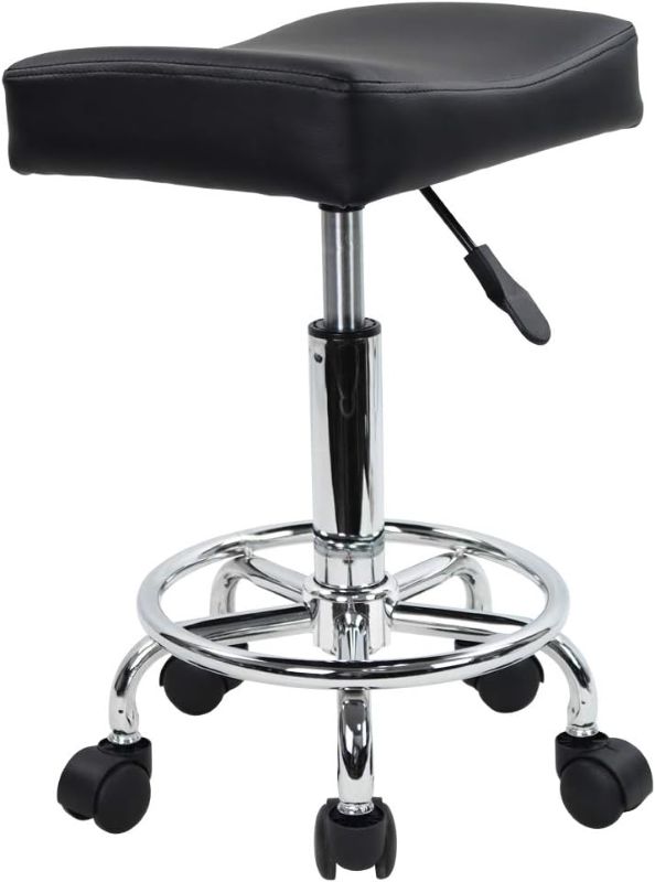 Photo 1 of KKTONER Square Rolling Stool PU Leather Height Adjustable Swivel Massage SPA Salon Stools Task Chair with footrest (Black)