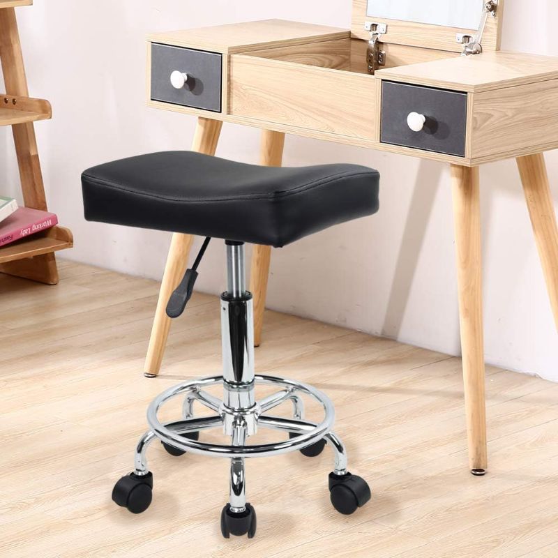 Photo 2 of KKTONER Square Rolling Stool PU Leather Height Adjustable Swivel Massage SPA Salon Stools Task Chair with footrest (Black)