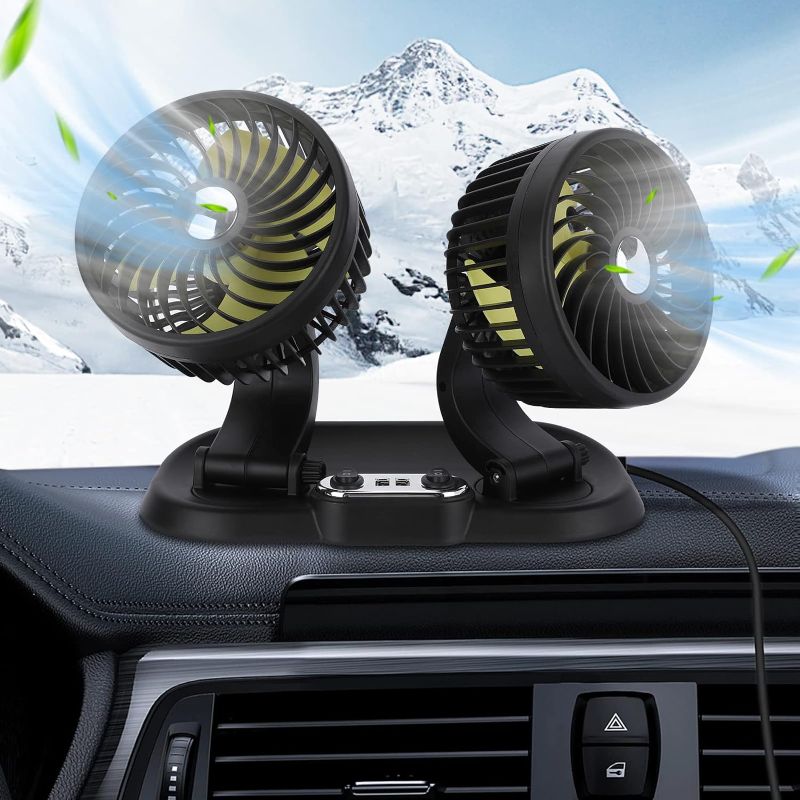 Photo 1 of Brynnl Car Fan,Fan for Car 12V Car Seat Fan Portable Fan for Car Cigarette Lighter Plug, 360° Adjustable Dual Head Dual Switchs Automobile Fan with 2 USB