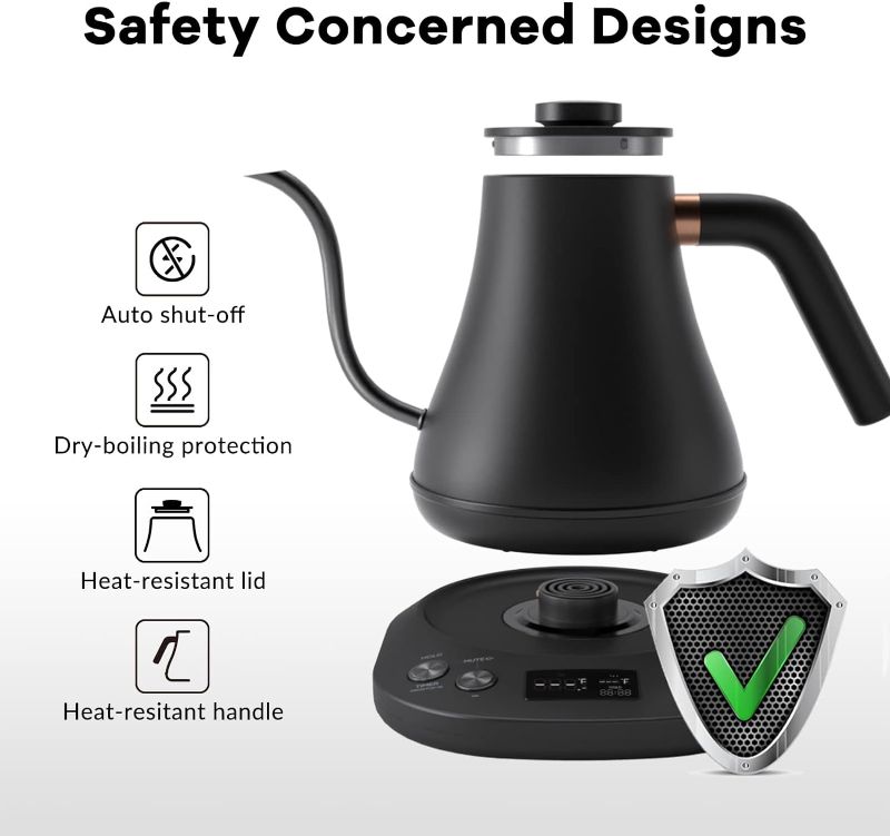 Photo 4 of Mecity Electric Gooseneck Kettle With LCD Display Automatic Shut Off Coffee Kettle Temperature Control Hot Water Boiler to Pour Over Tea, 1200 Watt Quick Heating Tea Pot, 0.8L, Matt Black

