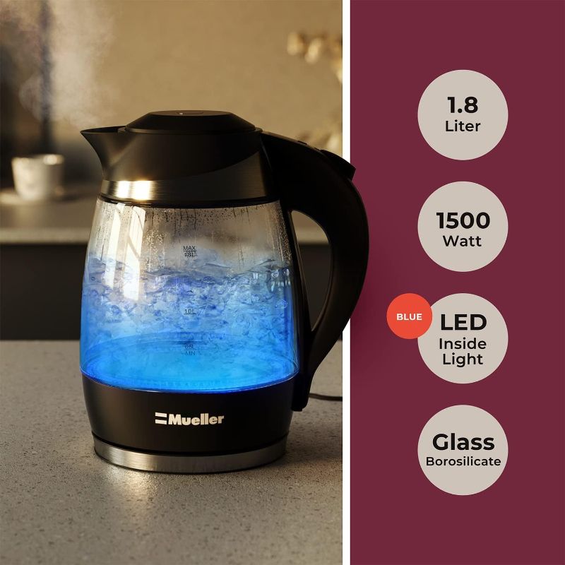 Photo 3 of Mueller Ultra Kettle: Model No. M99S 1500W Electric Kettle with SpeedBoil Tech, 1.8 Liter Cordless with LED Light, Borosilicate Glass, Auto Shut-Off and Boil-Dry Protection