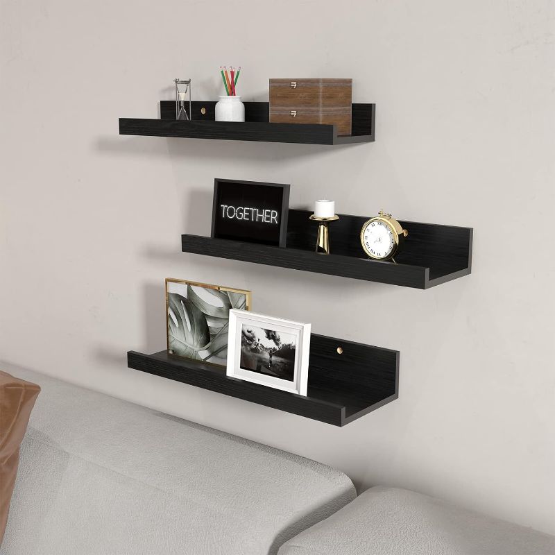 Photo 2 of Giftgarden 16 Inch Black Floating Shelves for Wall Mount, Woodgrain Wall Shelf Ledge for Bathroom Bedroom Kitchen Living Room Office Storage, Set of 3 Different Sizes