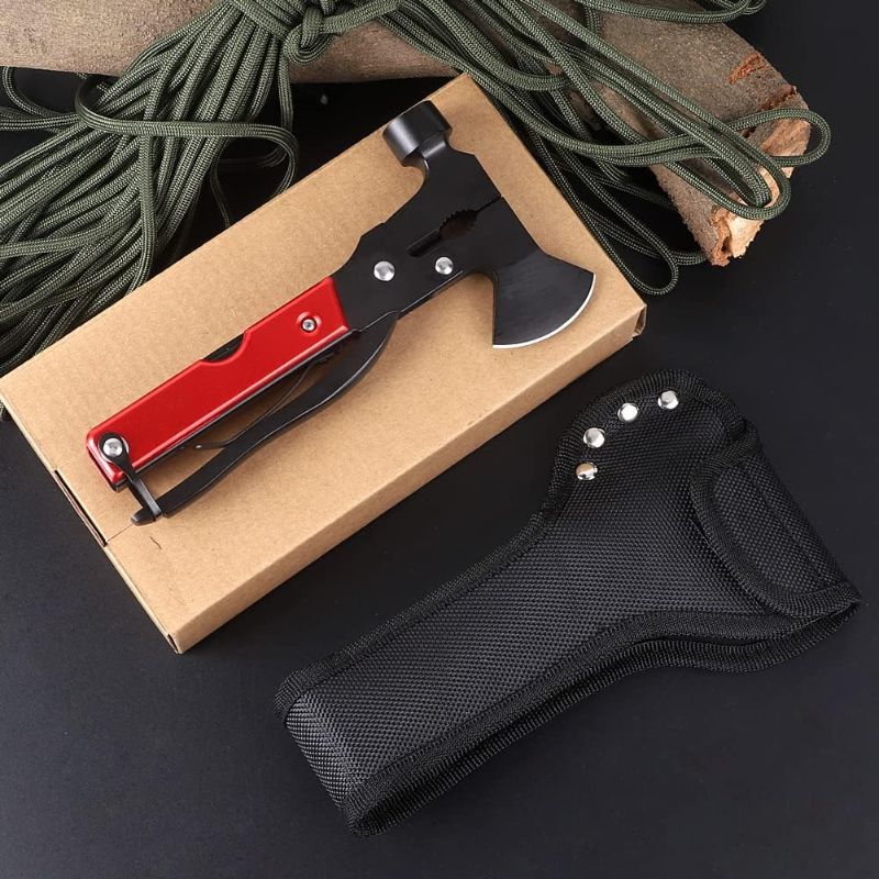 Photo 2 of KEENSUN Multitool Axe Hammer Camping Tool, 14 in 1 Stainless Steel Multi tool with Hammer Axe Knife Plier Screwdrivers Saw Bottle Opener (Red) and Durable Sheath for Men Gifts