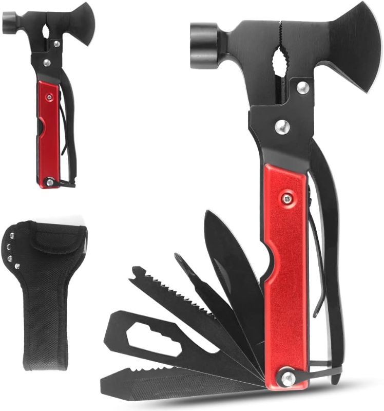 Photo 1 of KEENSUN Multitool Axe Hammer Camping Tool, 14 in 1 Stainless Steel Multi tool with Hammer Axe Knife Plier Screwdrivers Saw Bottle Opener (Red) and Durable Sheath for Men Gifts