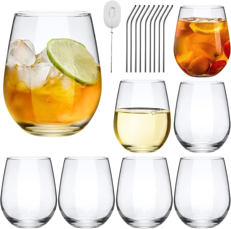 Photo 1 of Ufrount Stemless Wine Glasses,Clear Drinking Glass Tumbler,20 OZ Large Modern Wine Glass Cups with Straws,Classic Glassware Set of 8 Ideal for Red Wine,White Wine,Wedding,Birthday or Party
