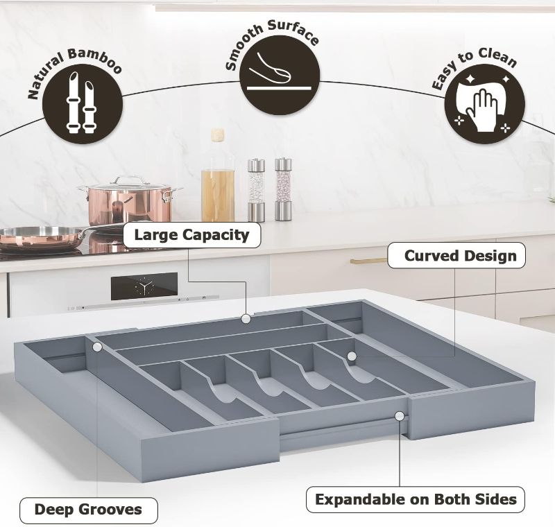Photo 2 of WUSHIZHUHUN Silverware Organizer Utensil Drawer Organizer - Bamboo Cutlery Organizer Kitchen Drawer Organizer for Silverware, Utensils, Cutlery, Flatware, Knives W13.5-19.9" x L17.6 (Grey)